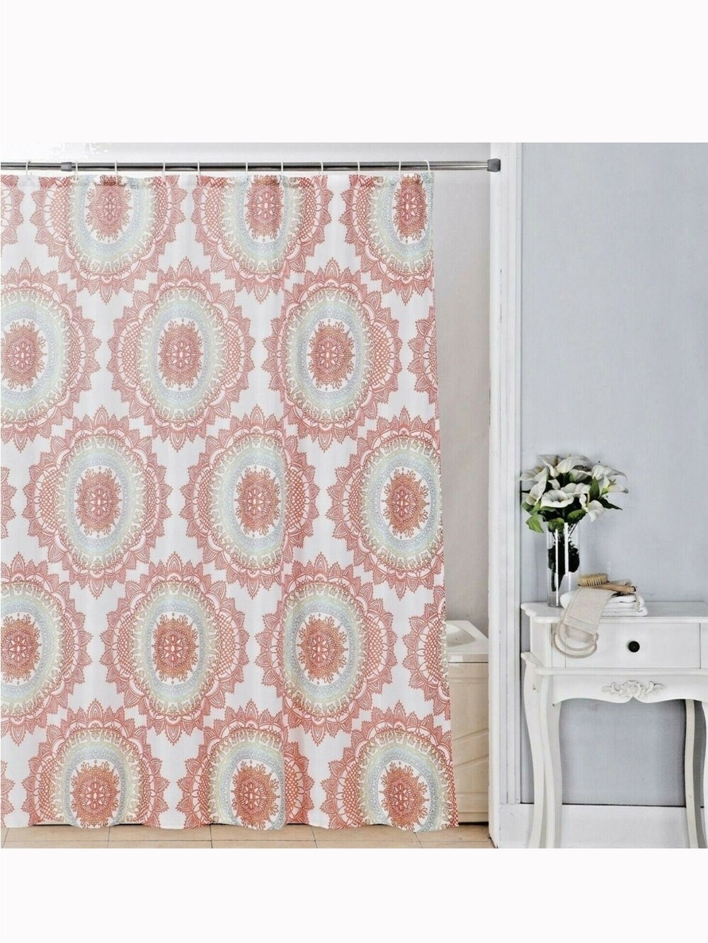 Coral Medallion Fabric Shower Curtain with Cream & Light Blue Accents